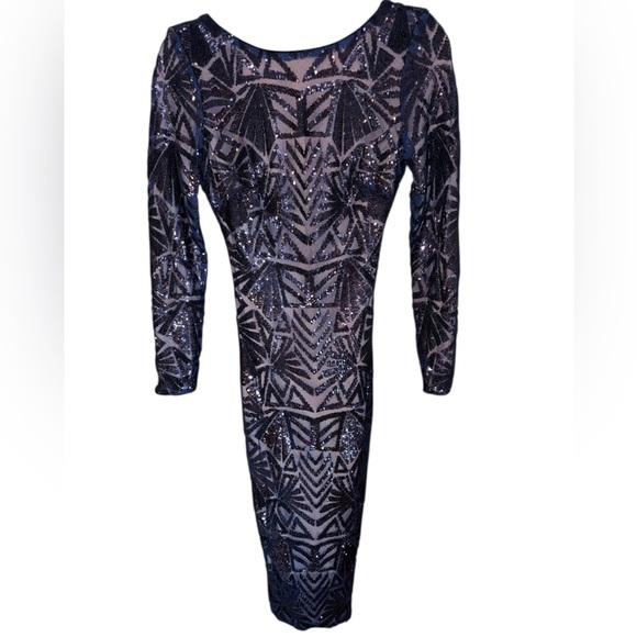 Dress The Population Nordstrom Emery Midi Dress Navy Sequin Long Sleeve Size XS - Picture 2 of 12